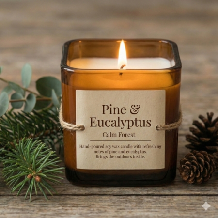 Vela aromática Bosque en Calma de pino y eucalipto en tarro ámbar.