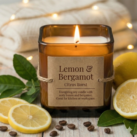 Vela aromática Explosión Cítrica de limón y bergamota en tarro ámbar.