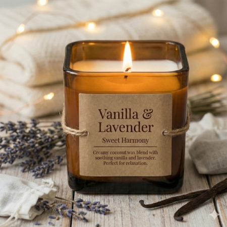 Vela aromática Dulce Armonía de vainilla y lavanda en tarro ámbar.